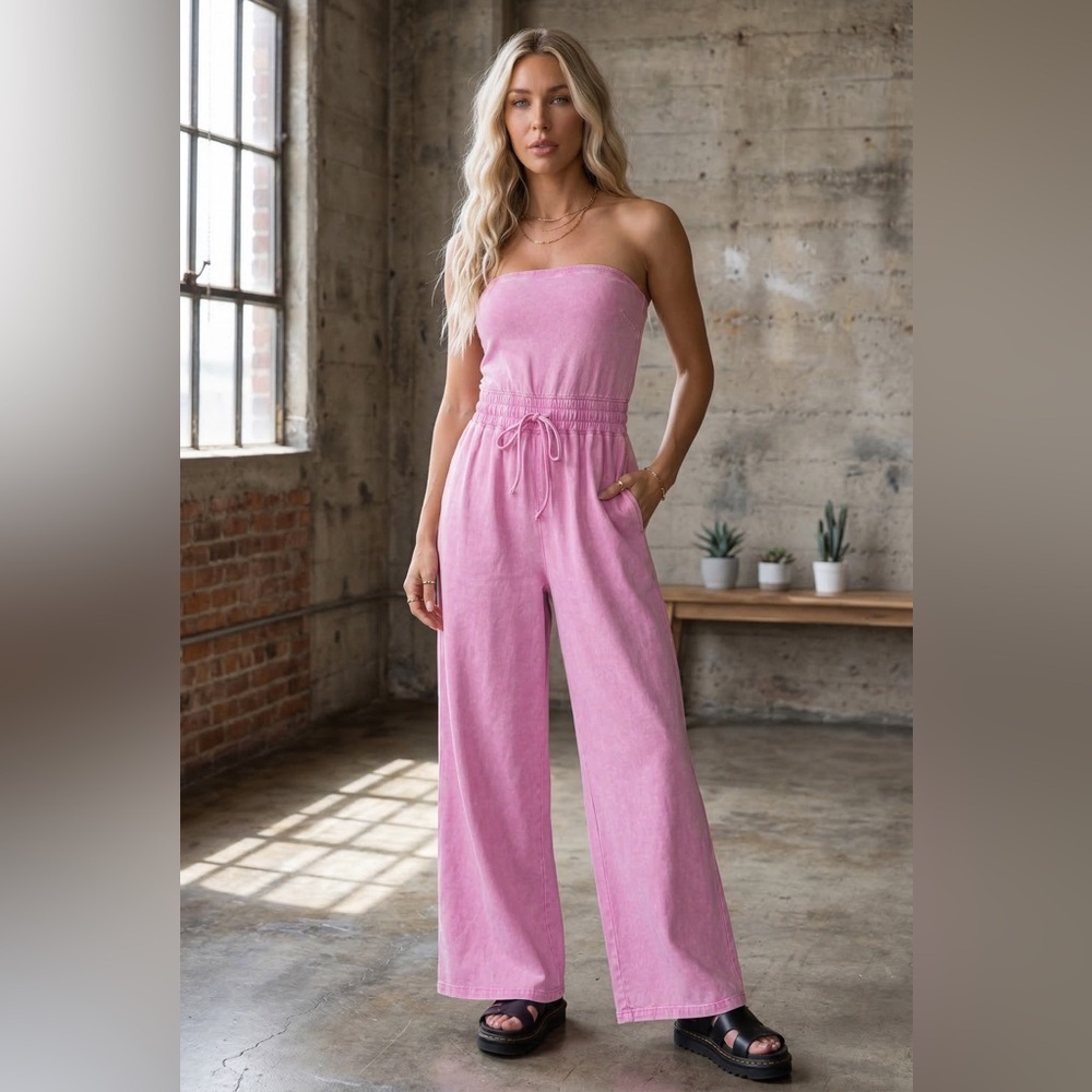 NWT Zenana Washed Tube Top Strapless Jumpsuit Jumper Bright Pink